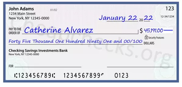 Forty Five Thousand One Hundred Ninety One and 00/100 filled out on a check