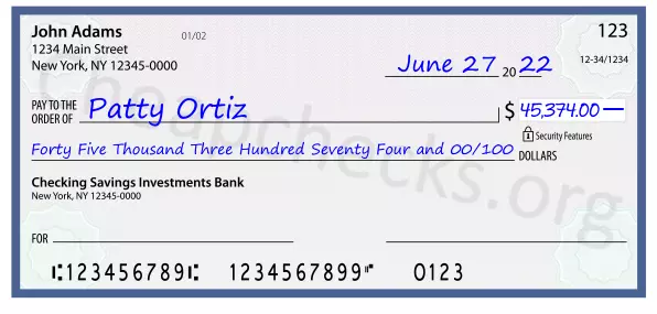 Forty Five Thousand Three Hundred Seventy Four and 00/100 filled out on a check