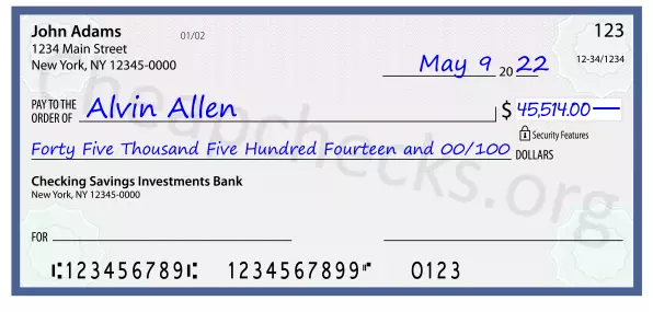 Forty Five Thousand Five Hundred Fourteen and 00/100 filled out on a check