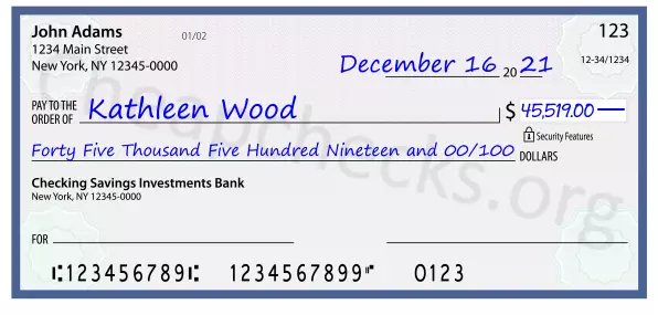 Forty Five Thousand Five Hundred Nineteen and 00/100 filled out on a check