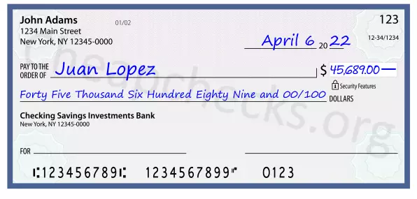 Forty Five Thousand Six Hundred Eighty Nine and 00/100 filled out on a check