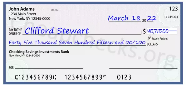 Forty Five Thousand Seven Hundred Fifteen and 00/100 filled out on a check