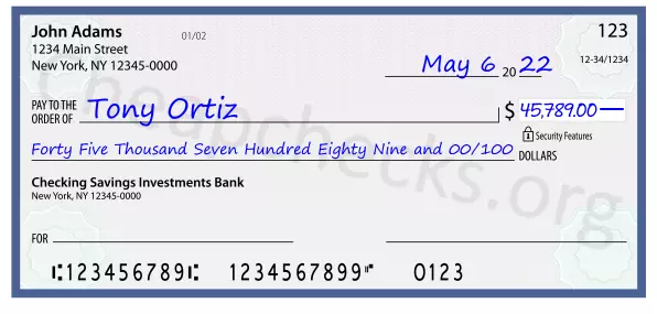 Forty Five Thousand Seven Hundred Eighty Nine and 00/100 filled out on a check