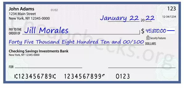 Forty Five Thousand Eight Hundred Ten and 00/100 filled out on a check