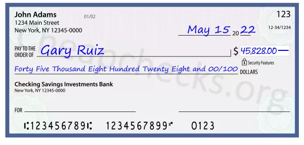 Forty Five Thousand Eight Hundred Twenty Eight and 00/100 filled out on a check