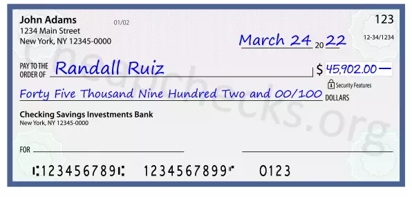 Forty Five Thousand Nine Hundred Two and 00/100 filled out on a check