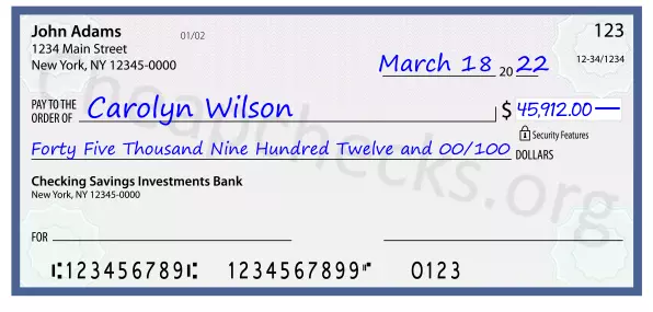 Forty Five Thousand Nine Hundred Twelve and 00/100 filled out on a check