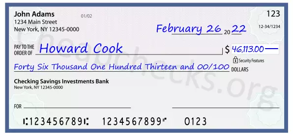 Forty Six Thousand One Hundred Thirteen and 00/100 filled out on a check