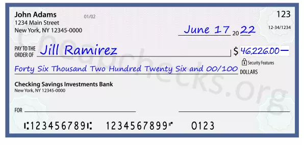 Forty Six Thousand Two Hundred Twenty Six and 00/100 filled out on a check