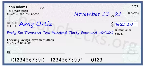 Forty Six Thousand Two Hundred Thirty Four and 00/100 filled out on a check