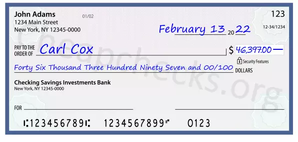 Forty Six Thousand Three Hundred Ninety Seven and 00/100 filled out on a check