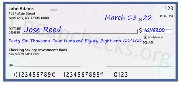 Forty Six Thousand Four Hundred Eighty Eight and 00/100 filled out on a check