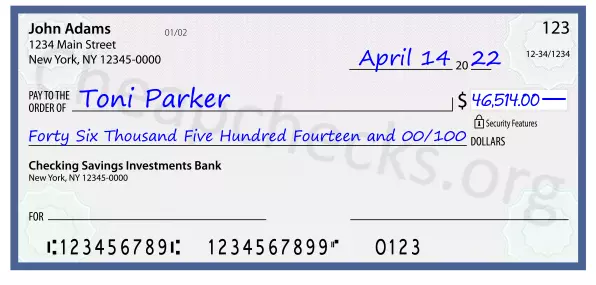 Forty Six Thousand Five Hundred Fourteen and 00/100 filled out on a check