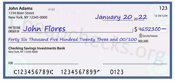 Forty Six Thousand Five Hundred Twenty Three and 00/100 filled out on a check