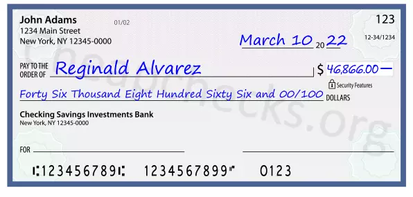 Forty Six Thousand Eight Hundred Sixty Six and 00/100 filled out on a check