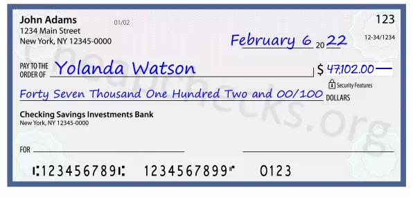 Forty Seven Thousand One Hundred Two and 00/100 filled out on a check