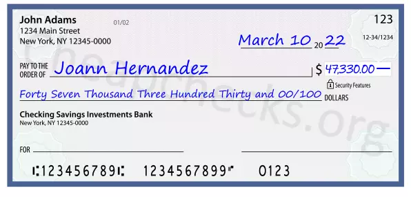 Forty Seven Thousand Three Hundred Thirty and 00/100 filled out on a check