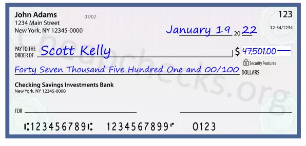 Forty Seven Thousand Five Hundred One and 00/100 filled out on a check