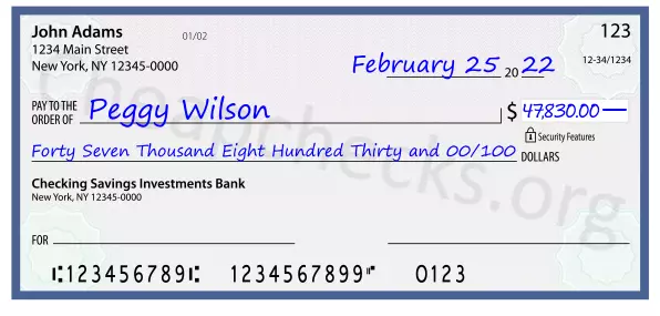 Forty Seven Thousand Eight Hundred Thirty and 00/100 filled out on a check