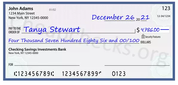 Four Thousand Seven Hundred Eighty Six and 00/100 filled out on a check