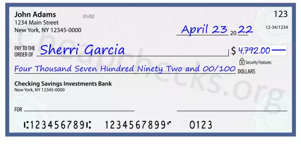 Four Thousand Seven Hundred Ninety Two and 00/100 filled out on a check