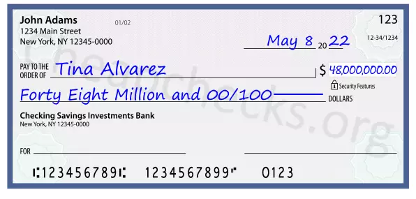Forty Eight Million and 00/100 filled out on a check