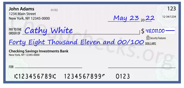 Forty Eight Thousand Eleven and 00/100 filled out on a check