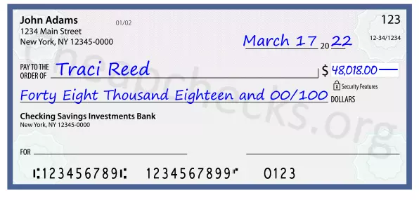 Forty Eight Thousand Eighteen and 00/100 filled out on a check