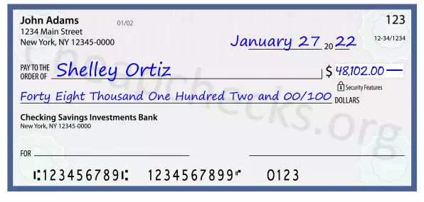 Forty Eight Thousand One Hundred Two and 00/100 filled out on a check