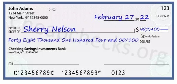 Forty Eight Thousand One Hundred Four and 00/100 filled out on a check