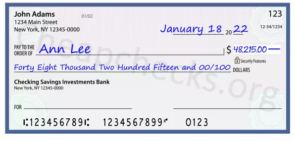 Forty Eight Thousand Two Hundred Fifteen and 00/100 filled out on a check