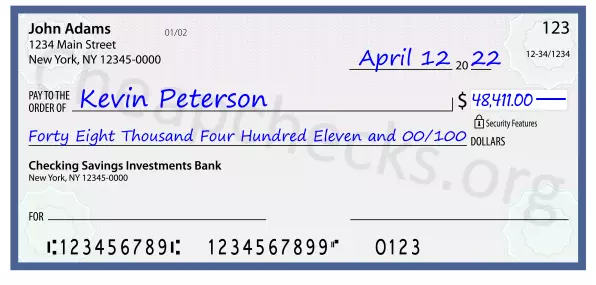 Forty Eight Thousand Four Hundred Eleven and 00/100 filled out on a check