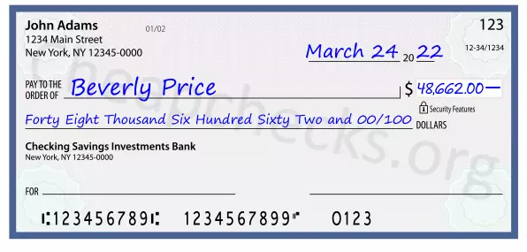 Forty Eight Thousand Six Hundred Sixty Two and 00/100 filled out on a check