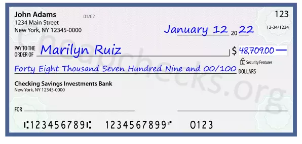 Forty Eight Thousand Seven Hundred Nine and 00/100 filled out on a check