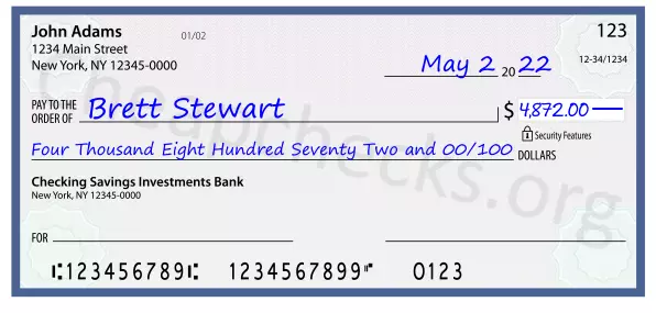 Four Thousand Eight Hundred Seventy Two and 00/100 filled out on a check