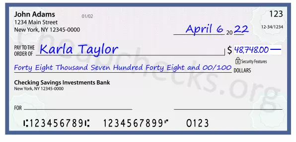 Forty Eight Thousand Seven Hundred Forty Eight and 00/100 filled out on a check