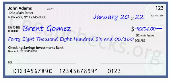 Forty Eight Thousand Eight Hundred Six and 00/100 filled out on a check