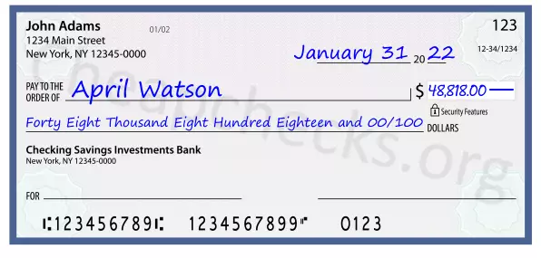 Forty Eight Thousand Eight Hundred Eighteen and 00/100 filled out on a check