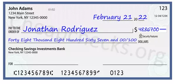 Forty Eight Thousand Eight Hundred Sixty Seven and 00/100 filled out on a check