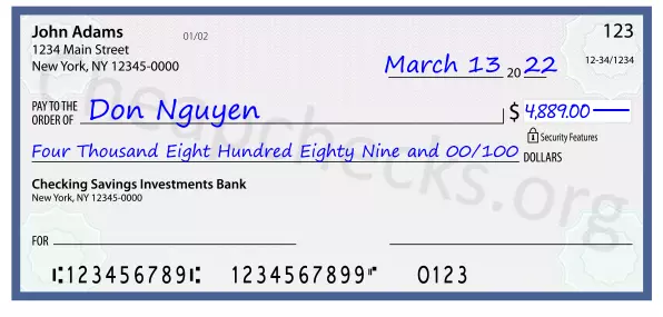 Four Thousand Eight Hundred Eighty Nine and 00/100 filled out on a check