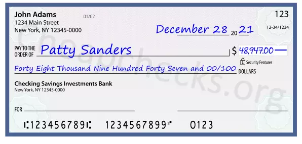 Forty Eight Thousand Nine Hundred Forty Seven and 00/100 filled out on a check