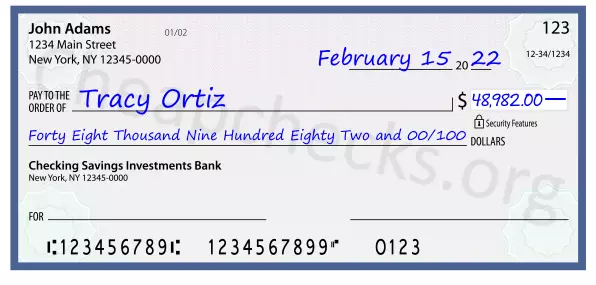 Forty Eight Thousand Nine Hundred Eighty Two and 00/100 filled out on a check