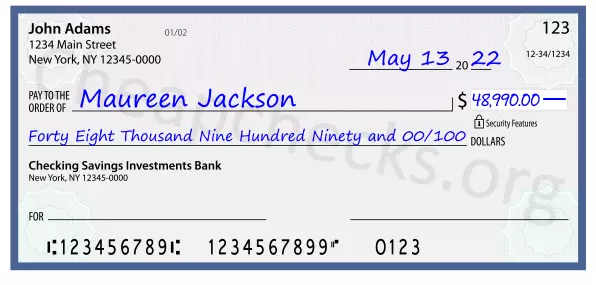 Forty Eight Thousand Nine Hundred Ninety and 00/100 filled out on a check