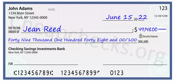 Forty Nine Thousand One Hundred Forty Eight and 00/100 filled out on a check