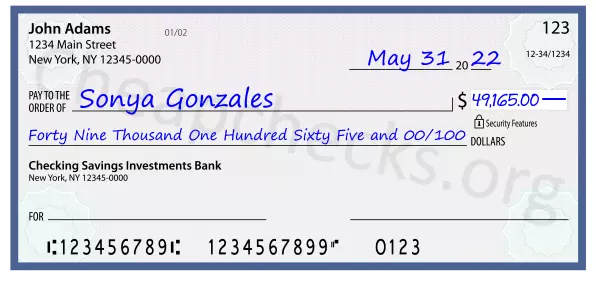 Forty Nine Thousand One Hundred Sixty Five and 00/100 filled out on a check