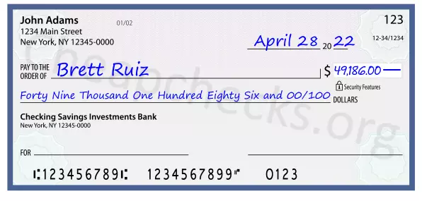 Forty Nine Thousand One Hundred Eighty Six and 00/100 filled out on a check