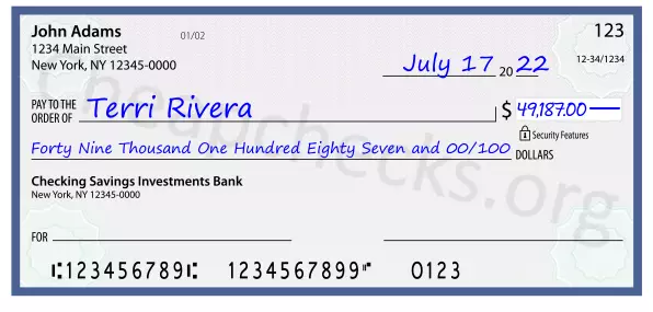 Forty Nine Thousand One Hundred Eighty Seven and 00/100 filled out on a check