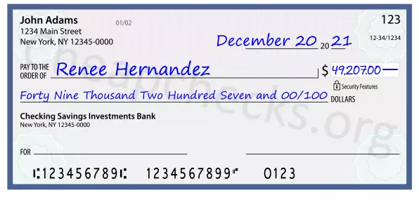 Forty Nine Thousand Two Hundred Seven and 00/100 filled out on a check