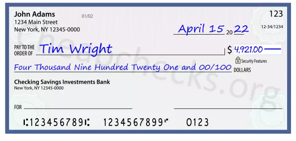 Four Thousand Nine Hundred Twenty One and 00/100 filled out on a check