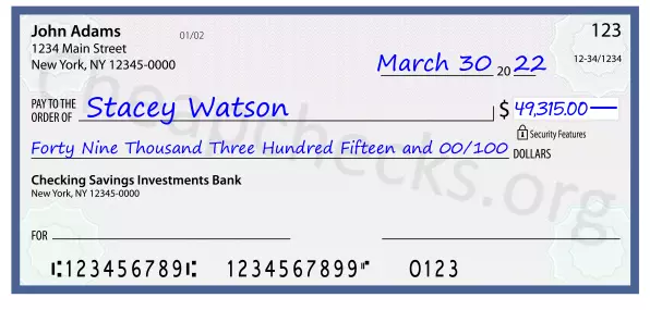 Forty Nine Thousand Three Hundred Fifteen and 00/100 filled out on a check